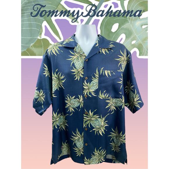 Tommy Bahama Shirt Size M Silk Palm Tree Print Button-Up Dark Coastal Style - Picture 1 of 8